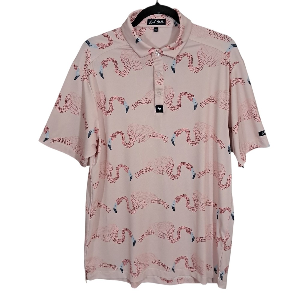 Bad Birdie Polo Shirt Mens Large Pink Flamingo Print Golf Performance‎ Athletic
